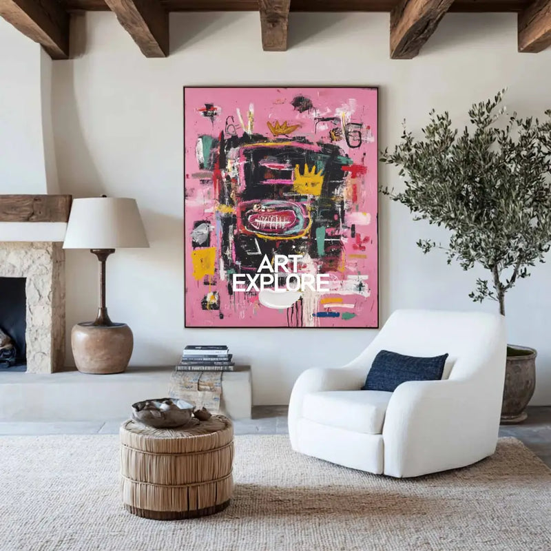 Large Pink Wall Art Abstract Graffiti Painting Jean-Michel Basquiat Abstract Graffiti Art Street Artwork