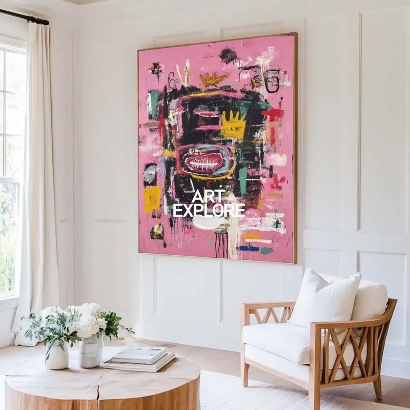 Large Pink Wall Art Abstract Graffiti Painting Jean-Michel Basquiat Abstract Graffiti Art Street Artwork