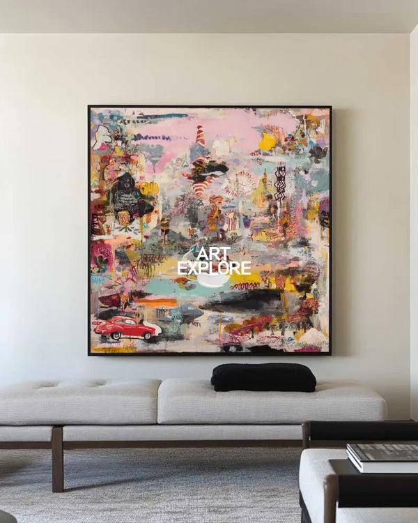 ArtExplore Modern Graffiti Painting – Oversized Pink Textured Canvas for Contemporary Home Décor