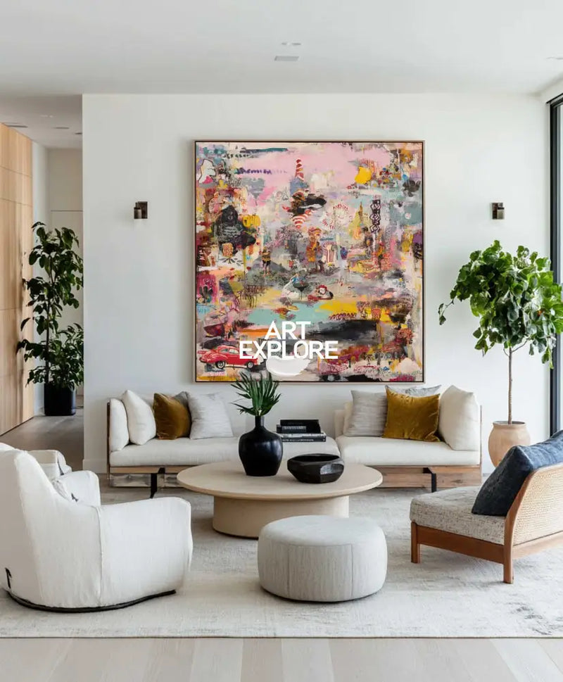 Handmade Large Pink Abstract Graffiti Canvas – Minimalist Wall Art by ArtExplore