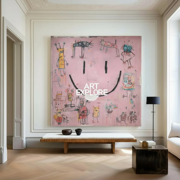 Handmade Graffiti Abstract Art – Large Pink Minimalist Painting for Living Room & Lounge – ArtExplore