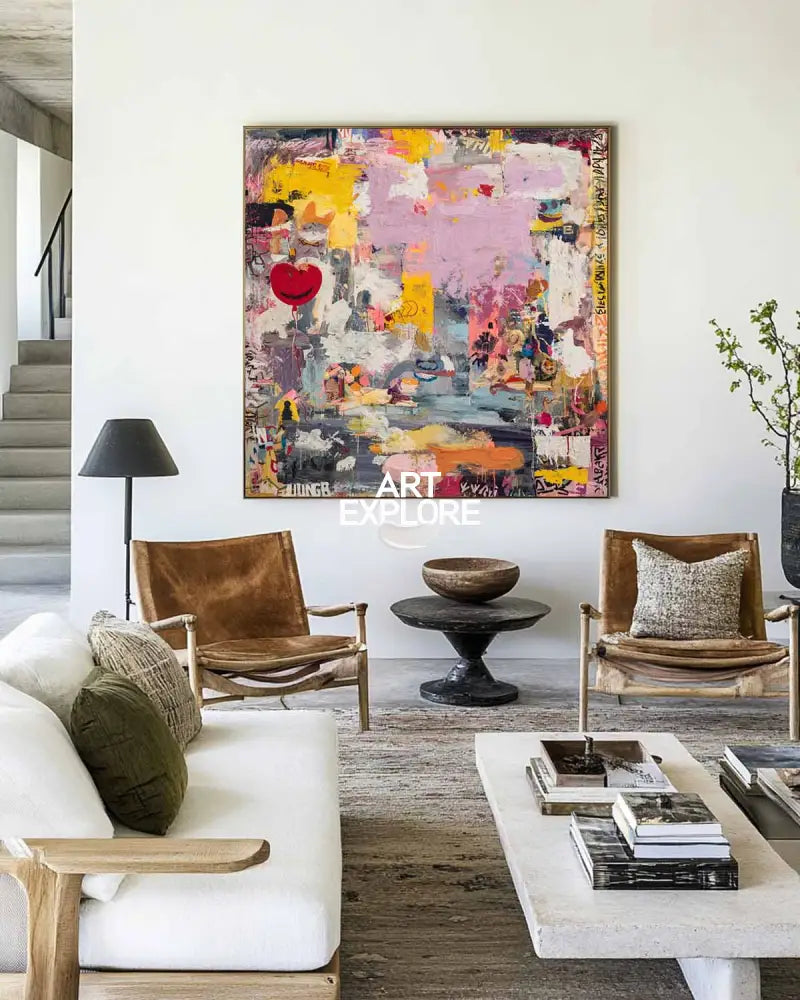 Handmade Modern Pink Graffiti Painting – Large Canvas Art for Living & Office Spaces | ArtExplore