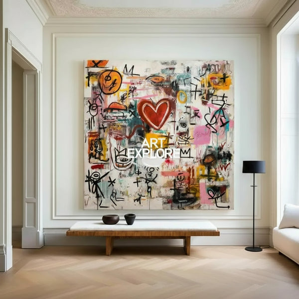 Colorful Graffiti Style Heart Painting – Large Modern Texture Artwork for Home Decor – ArtExplore