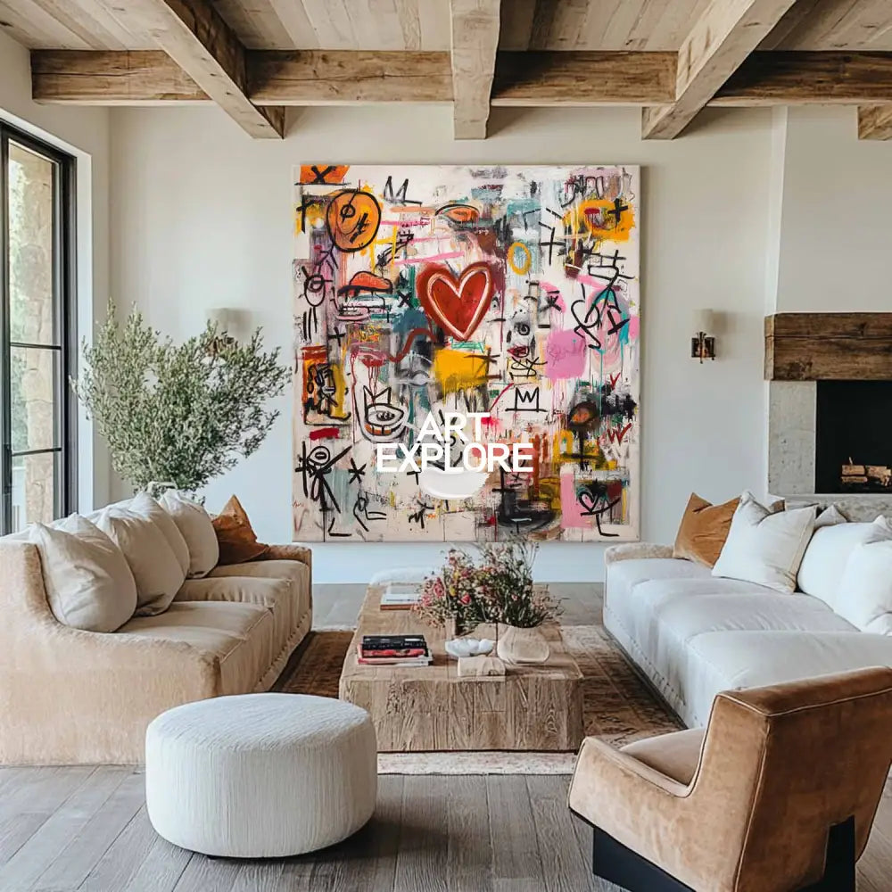 Modern Graffiti Heart Abstract – Large Handmade Oil Painting for Contemporary Interiors – ArtExplore