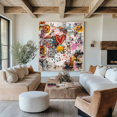 Modern Graffiti Heart Abstract – Large Handmade Oil Painting for Contemporary Interiors – ArtExplore