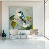 Handmade Hummingbird Oil Painting | Square Large Canvas Wall Art for Modern Interiors