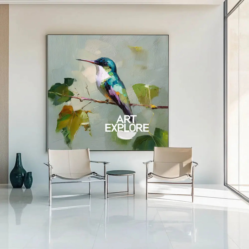 Handmade Hummingbird Oil Painting | Square Large Canvas Wall Art for Modern Interiors