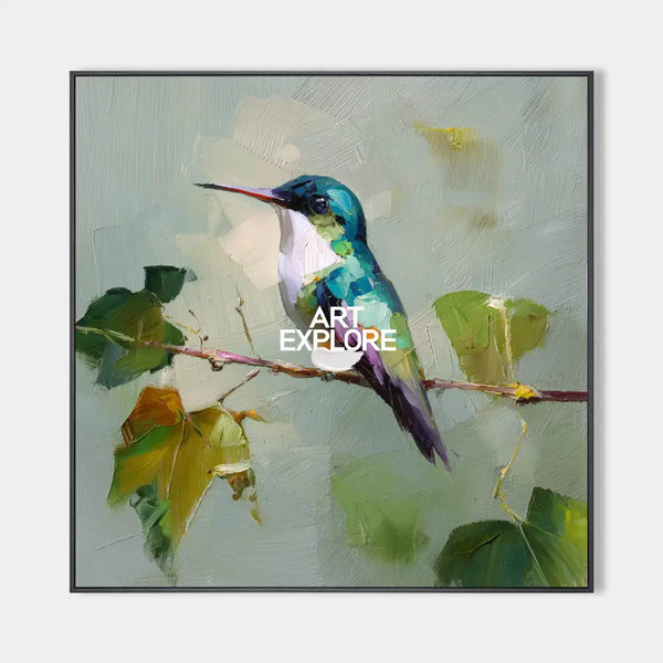Large Blue Hummingbird Oil Painting Square Canvas | Large Handmade Wall Art by ArtExplore