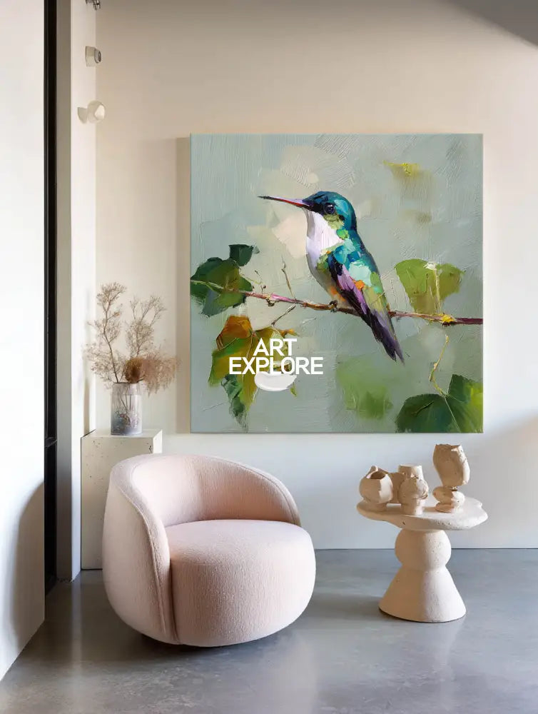 ArtExplore Handmade Hummingbird Canvas Painting | Modern Square Oil Wall Art Decor