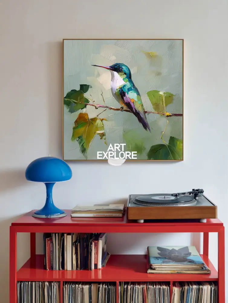 Blue Hummingbird Wall Art | Handmade Square Oil Painting for Living Room & Office