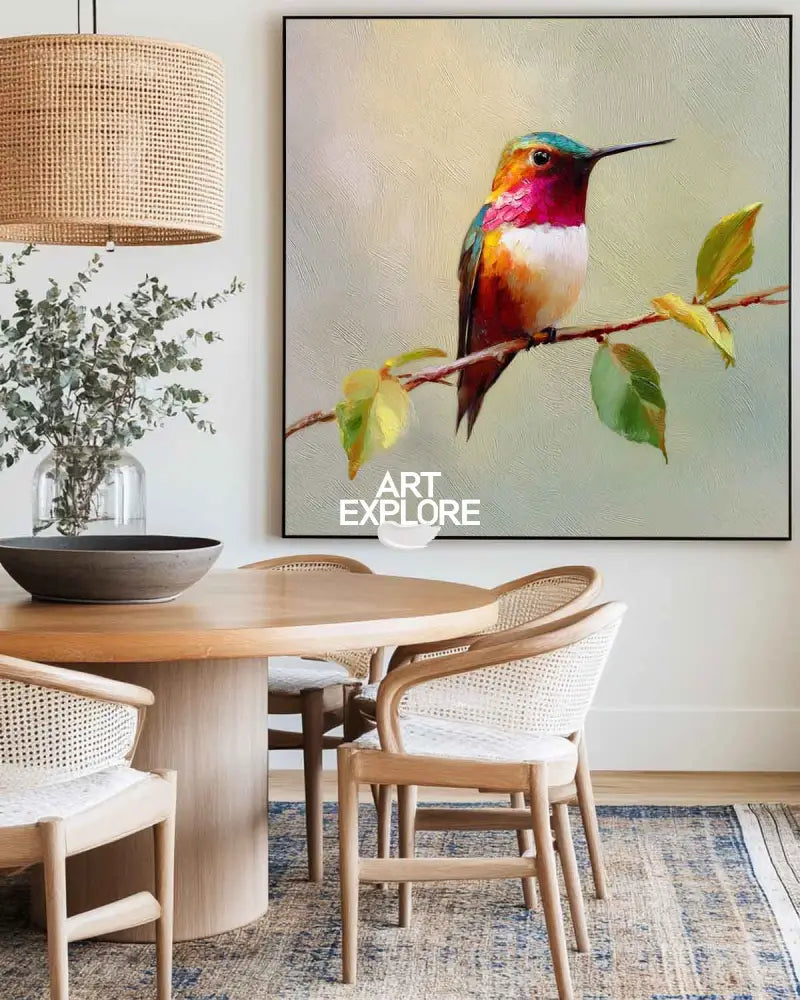 Handmade Realistic Hummingbird Canvas Painting – Square Oil Artwork for Living Room Decor | ArtExplore