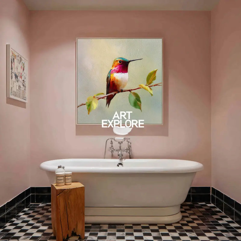 Colorful Hummingbird Oil on Canvas – Handmade Square Painting for Bedroom & Lounge Decor | ArtExplore