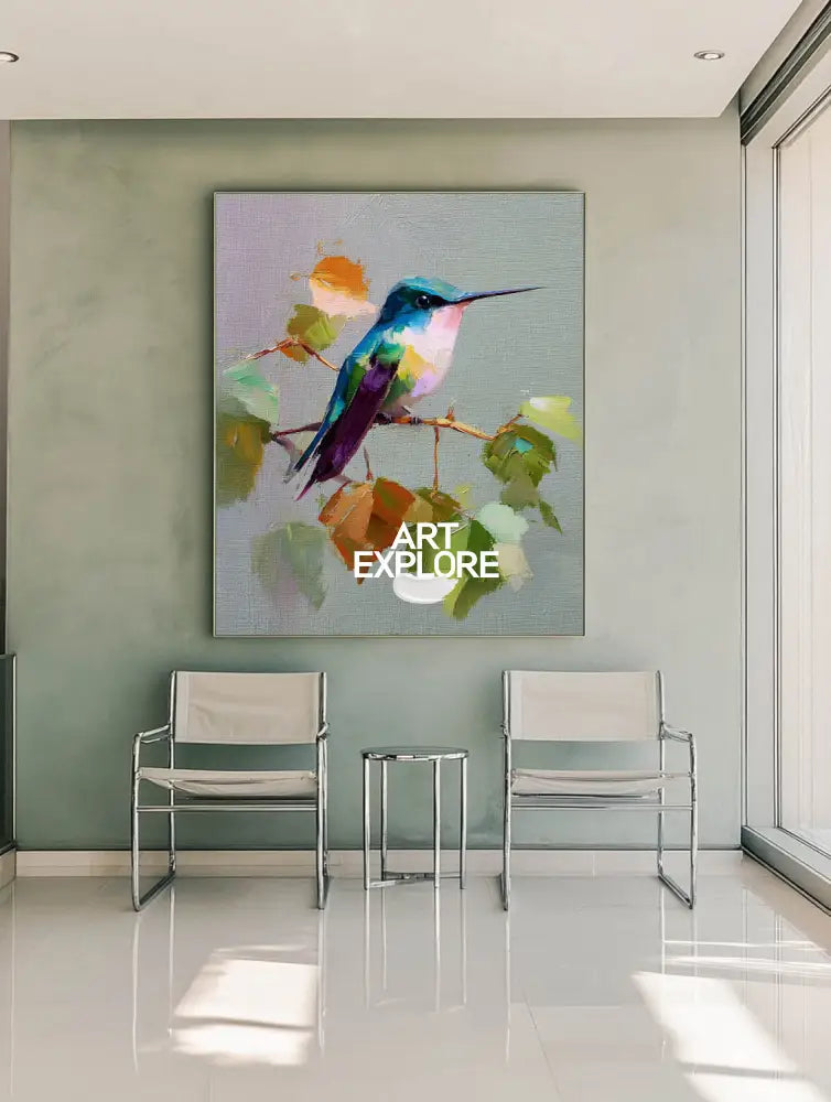 Vibrant Blue Hummingbird Oil Painting | Realistic Handmade Canvas Art | ArtExplore