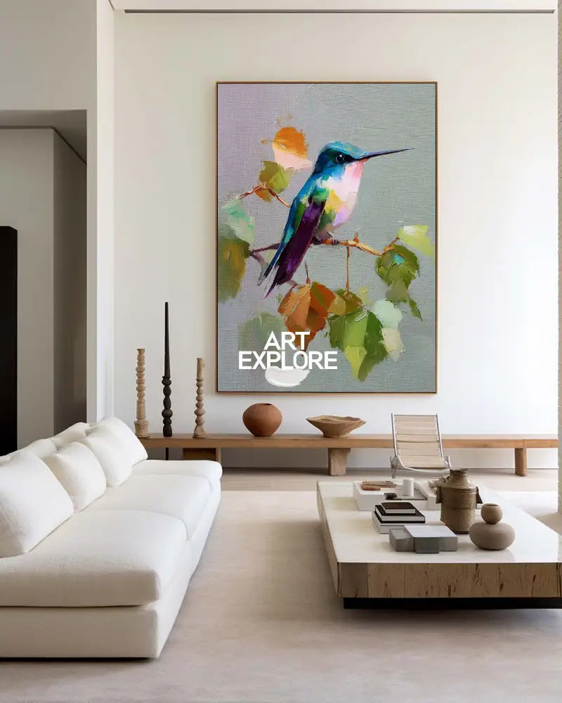 Realistic Blue Hummingbird Oil on Canvas | Large Vertical Home Decor | ArtExplore