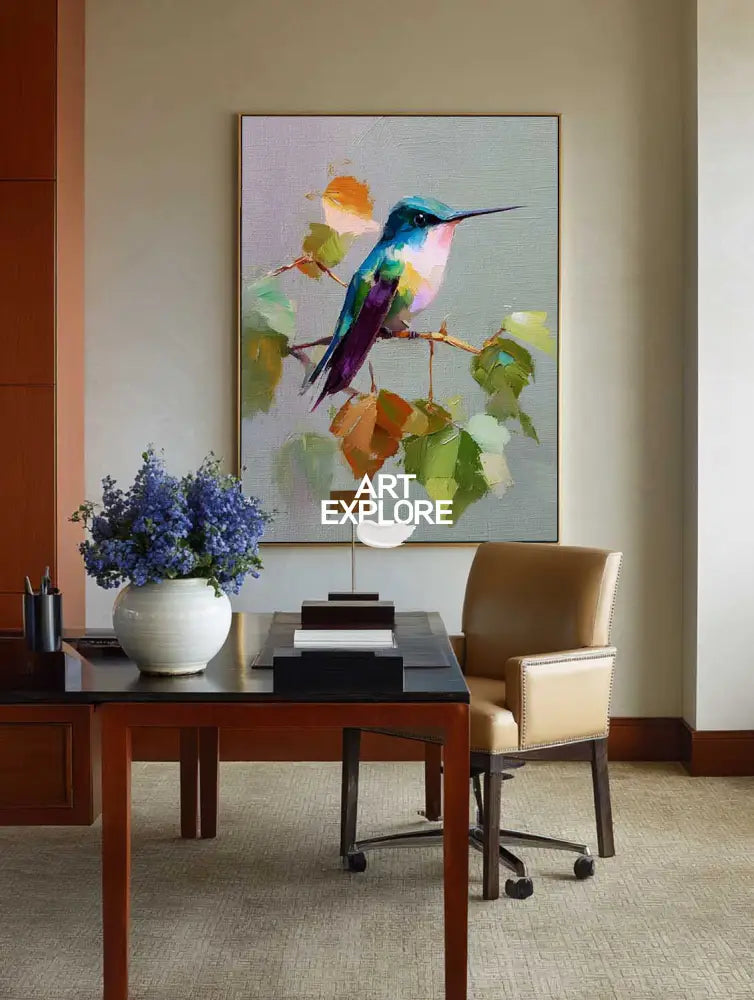 Modern Blue Hummingbird Canvas Painting | Vertical Nature Still Life | ArtExplore