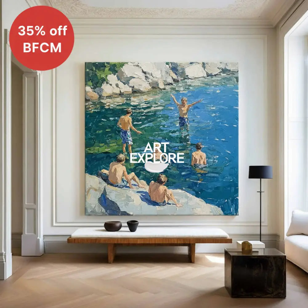 Large Swim and Play Wall Art Blue Home Party Textured Wall Art Swim Painting For Livingroom
