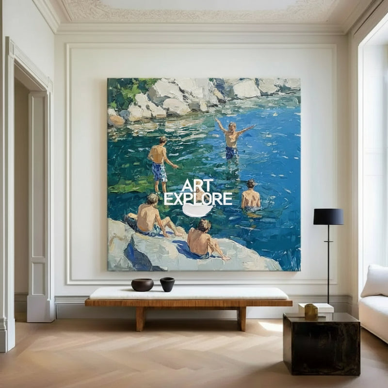 Large Swim and Play Wall Art Blue Home Party Textured Wall Art Swim Painting For Livingroom