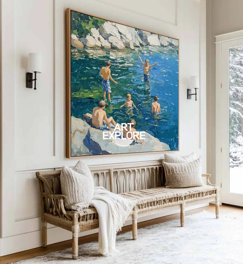 Large Swim and Play Wall Art Blue Home Party Textured Wall Art Swim Painting For Livingroom