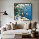 Large Swim and Play Wall Art Blue Home Party Textured Wall Art Swim Painting For Livingroom