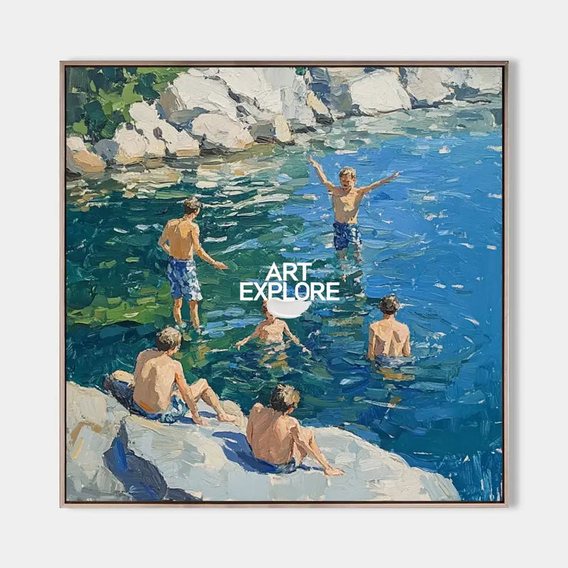 Large Swim and Play Wall Art Blue Home Party Textured Wall Art Swim Painting For Livingroom