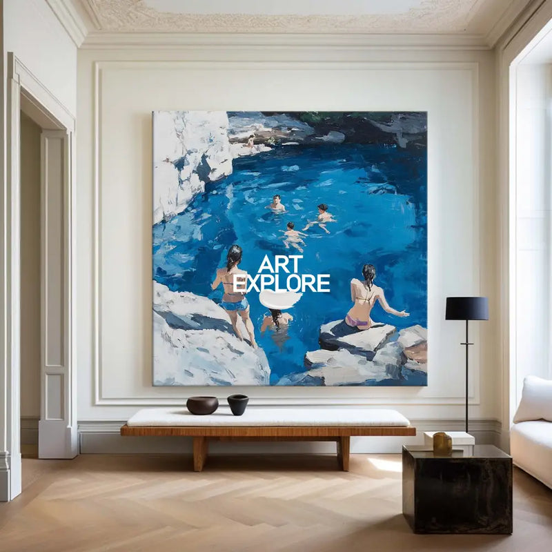 Large Swim and Play Wall Art Blue Home Party Textured Wall Art Swim Painting For Livingroom