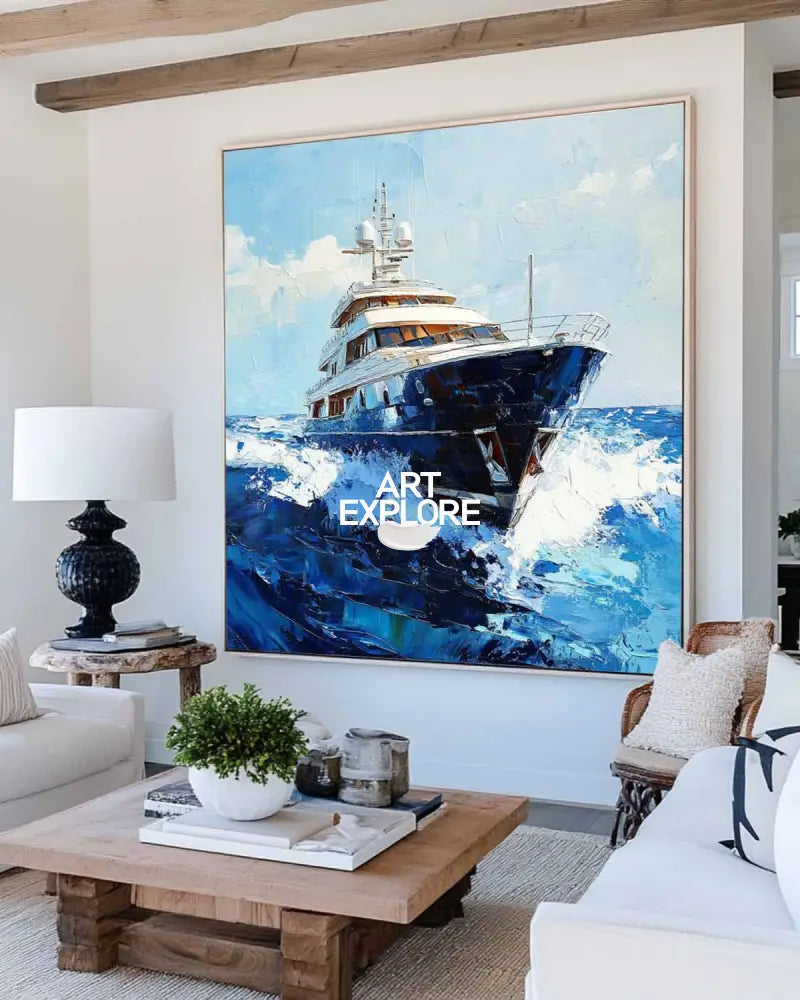 Large Sea Ship Wall Art Blue Cruise Ship Painting Textured Wall Art Painting Living Room Wall Art