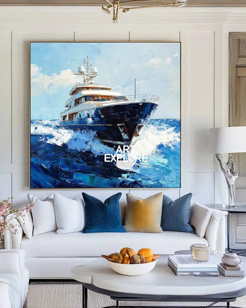 Large Sea Ship Wall Art Blue Cruise Ship Painting Textured Wall Art Painting Living Room Wall Art