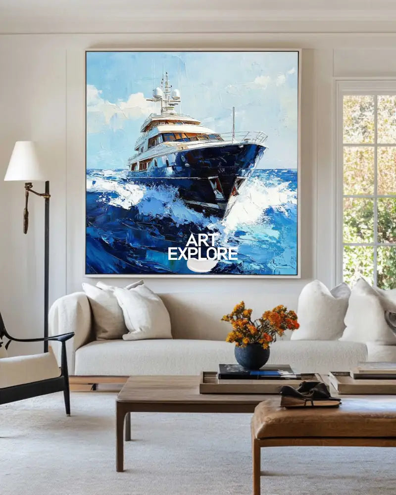 Large Sea Ship Wall Art Blue Cruise Ship Painting Textured Wall Art Painting Living Room Wall Art