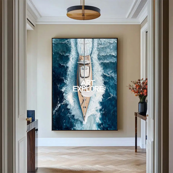 Large Sea Ship Canvas Wall Art Blue White Ship Wall Art Modern Fine Art Paintings for Sale