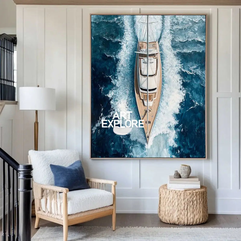 Large Sea Ship Canvas Wall Art Blue White Ship Wall Art Modern Fine Art Paintings for Sale