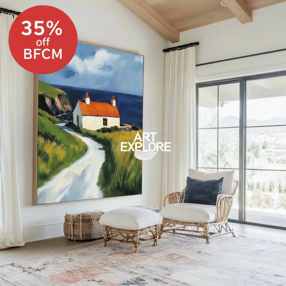 Red Cabin View Wall Art Large Textured Field Scenery Wall Art Modern Fine Art Paintings for Sale