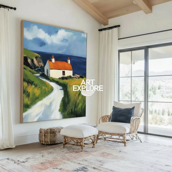 Red Cabin View Wall Art Large Textured Field Scenery Wall Art Modern Fine Art Paintings for Sale