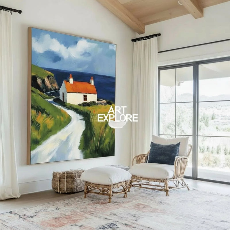 Red Cabin View Wall Art Large Textured Field Scenery Wall Art Modern Fine Art Paintings for Sale