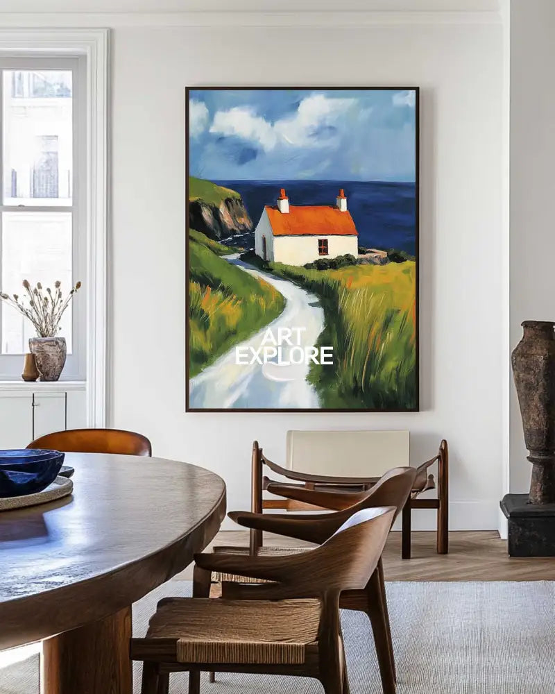 Red Cabin View Wall Art Large Textured Field Scenery Wall Art Modern Fine Art Paintings for Sale