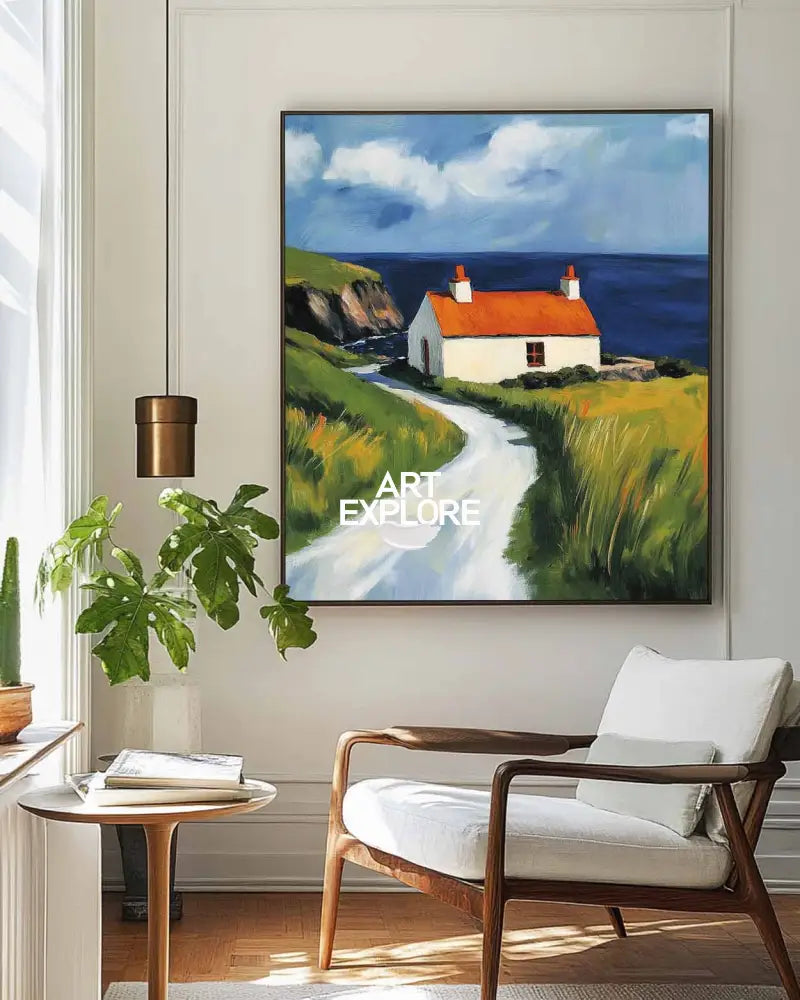 Red Cabin View Wall Art Large Textured Field Scenery Wall Art Modern Fine Art Paintings for Sale