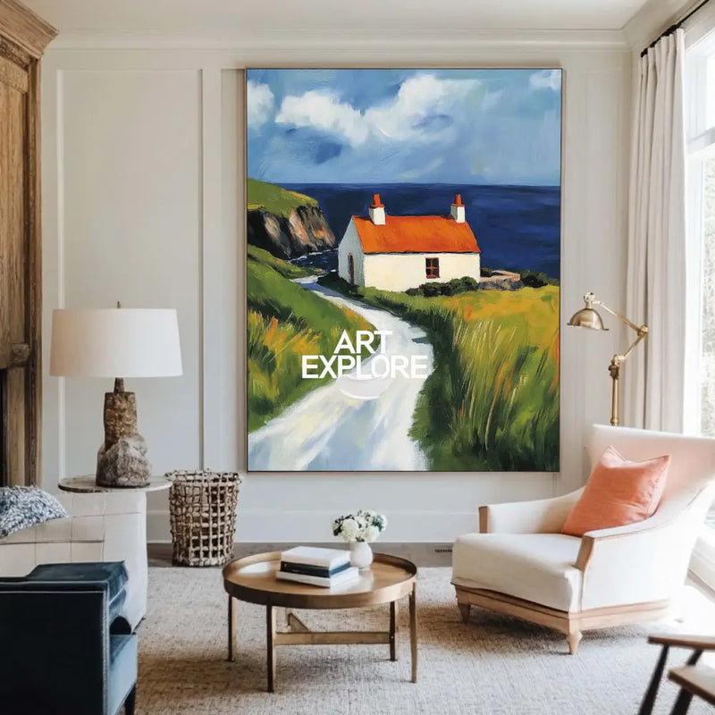 Red Cabin View Wall Art Large Textured Field Scenery Wall Art Modern Fine Art Paintings for Sale