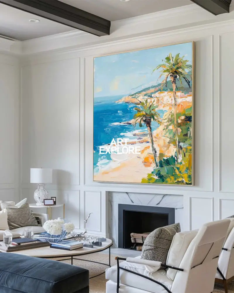 Modern Hawaiian Landscape Painting Palm Beach Wall Painting Blue Textured Seaside Wall Art for Sale