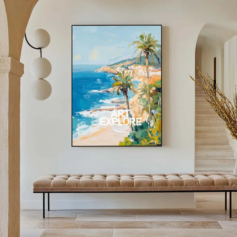 Modern Hawaiian Landscape Painting Palm Beach Wall Painting Blue Textured Seaside Wall Art for Sale