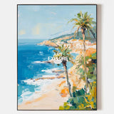 Modern Hawaiian Landscape Painting Palm Beach Wall Painting Blue Textured Seaside Wall Art for Sale