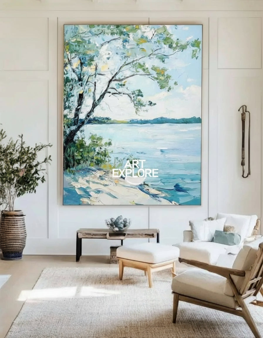 Modern Blue Lake View Painting Large Landscape Painting Blue Textured Lake Wall Art for Sale