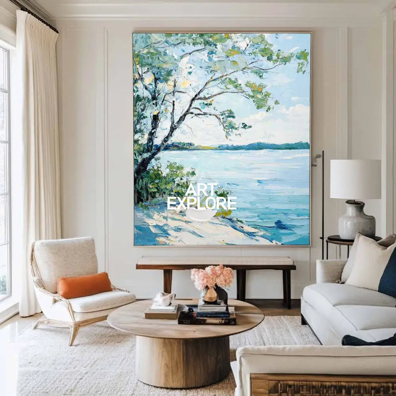 Modern Blue Lake View Painting Large Landscape Painting Blue Textured Lake Wall Art for Sale