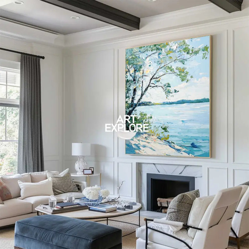 Modern Blue Lake View Painting Large Landscape Painting Blue Textured Lake Wall Art for Sale