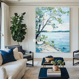 Modern Blue Lake View Painting Large Landscape Painting Blue Textured Lake Wall Art for Sale