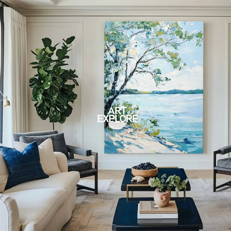 Modern Blue Lake View Painting Large Landscape Painting Blue Textured Lake Wall Art for Sale