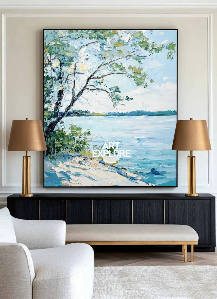 Modern Blue Lake View Painting Large Landscape Painting Blue Textured Lake Wall Art for Sale