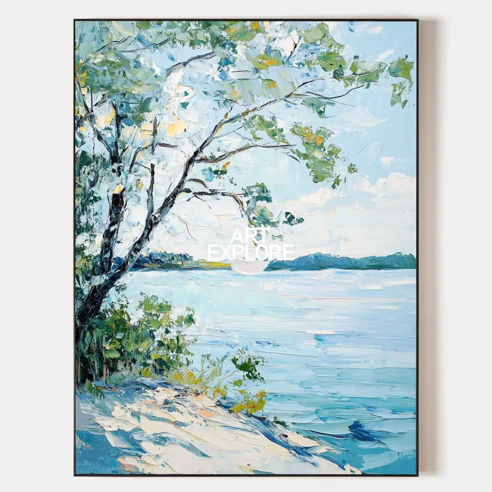 Modern Blue Lake View Painting Large Landscape Painting Blue Textured Lake Wall Art for Sale