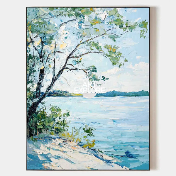 Modern Blue Lake View Painting Large Landscape Painting Blue Textured Lake Wall Art for Sale