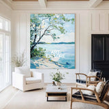 Modern Blue Lake View Painting Large Landscape Painting Blue Textured Lake Wall Art for Sale