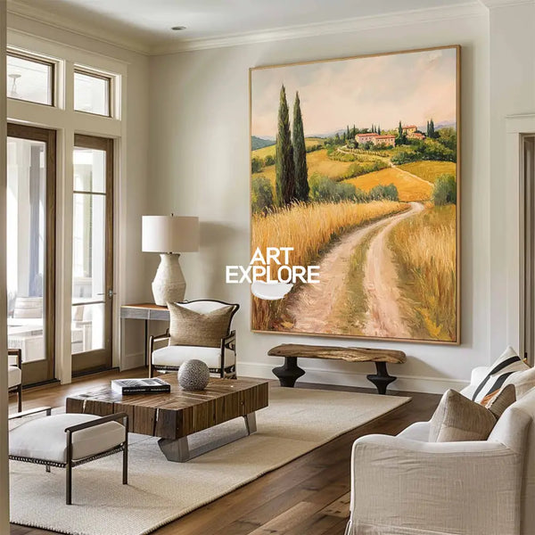 Modern Farmhouse Art Painting Large Landscape Painting Yellow Texture Countryside Wall Art for Sale