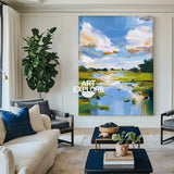 Modern Blue Lake Landscape Painting Large Pond Oil Painting Blue Green Texture Abstract Wall Art